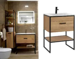 Freestanding Vanity Unit 600mm Bathroom Sink Cabinet Ceramic Basin Black Metal Frame/Oak Loft Industrial Style - Brooklyn - thumbnail 2