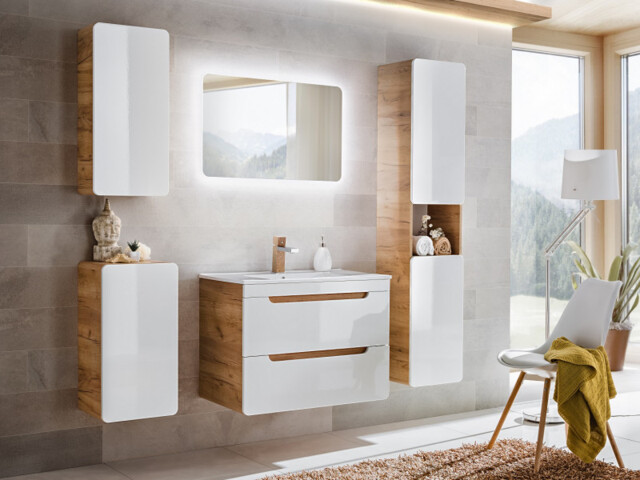 White Gloss Bathroom Furniture Set 600mm Vanity Unit with Sink Wall Hung Storage Cabinets Oak Effect - Aruba - image 1