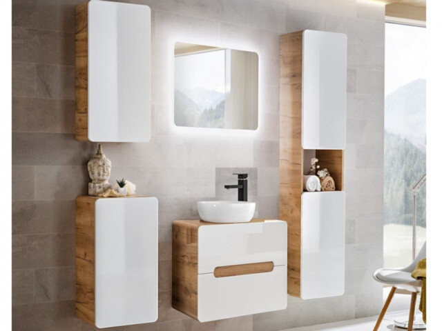 Bathroom Furniture Set with Wall Hung Vanity Unit 600mm Basin Tallboy Shelving Cabinet White Gloss Oak - Aruba - image 1