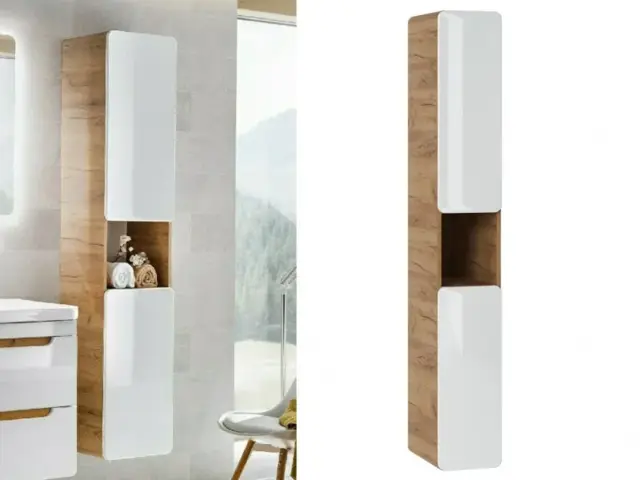 Tall Narrow Bathroom Cabinet Slim Storage Wall Unit Tallboy White Gloss and Oak Modern 25cm Cupboard - Aruba - image 1