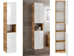 Tall Narrow Bathroom Cabinet Slim Storage Wall Unit Tallboy White Gloss and Oak Modern 25cm Cupboard - Aruba - thumbnail 4