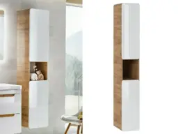 Tall Narrow Bathroom Cabinet Slim Storage Wall Unit Tallboy White Gloss and Oak Modern 25cm Cupboard - Aruba