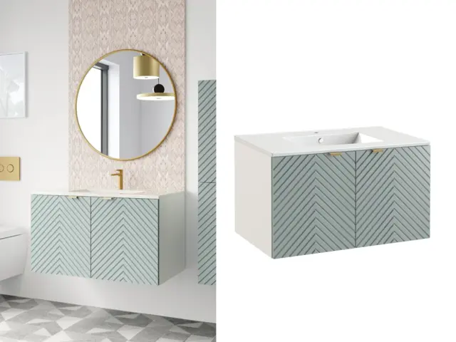 Wall Vanity Cabinet 800mm Floating Two Door Bathroom Unit Ribbed Fluted Soft Green with Inset Ceramic Sink - Cara - image 1