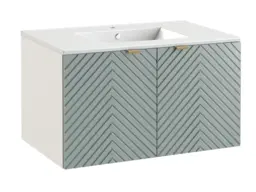 Wall Vanity Cabinet 800mm Floating Two Door Bathroom Unit Ribbed Fluted Soft Green with Inset Ceramic Sink - Cara - thumbnail 3