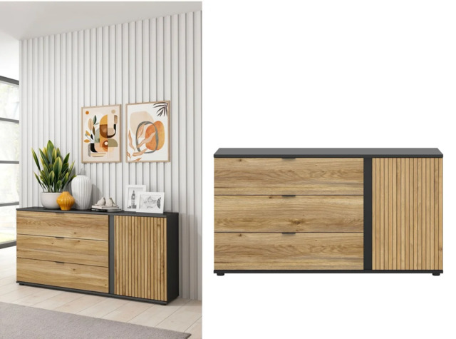 Sideboard Storage Cabinet Modern 143cm Soft Close 3 Drawer Unit Black Matt Printed Slatted Oak Effect – Luen - image 1