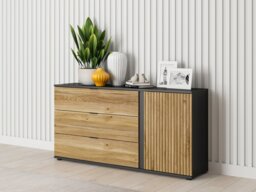 Sideboard Storage Cabinet Modern 143cm Soft Close 3 Drawer Unit Black Matt Printed Slatted Oak Effect – Luen - thumbnail 2
