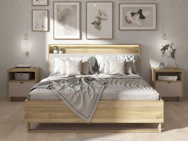 Cashmere Beige Ottoman with Storage Oak Lift Up King Size Bed with 2 Bedside Drawer Cabinets - Dalva - image 1