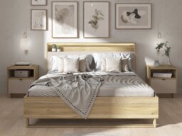 Cashmere Beige Ottoman with Storage Oak Lift Up King Size Bed with 2 Bedside Drawer Cabinets - Dalva - thumbnail 1