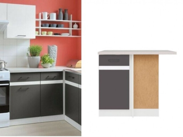 Corner Kitchen Cabinet 1000mm Base Unit 100cm Right L Shaped Grey and White Gloss Modern Free Standing - Junona - image 1
