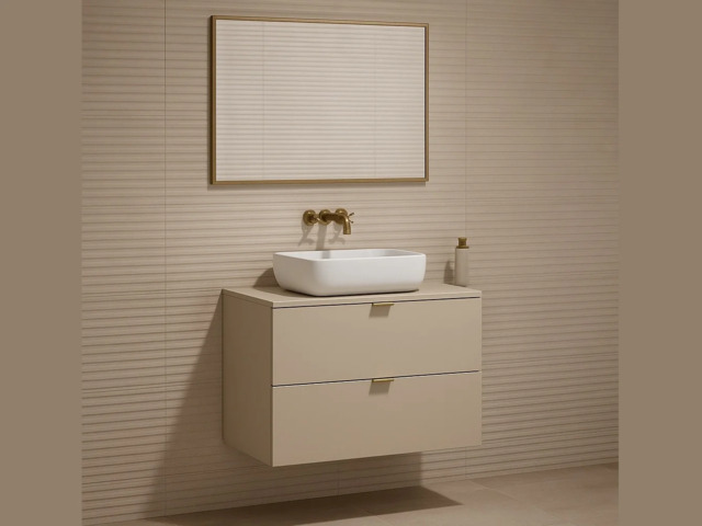 Countertop Vanity Unit and Sink 600mm 60cm Floating Bathroom Wall Cabinet Drawers Cashmere Beige Slab Front - Dalia - image 1