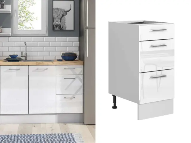 Kitchen Drawer Unit 400mm Narrow Cabinet Freestanding Base Storage Cupboard White High Gloss - Ella - image 1