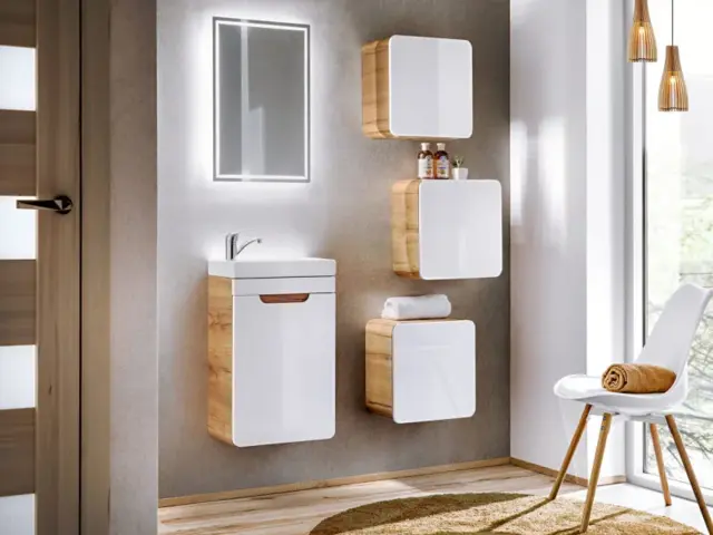 Bathroom Furniture Set Wall 400mm Vanity Cabinet Ceramic Sink Cloakroom Storage Unit White Gloss and Oak - Aruba - image 1