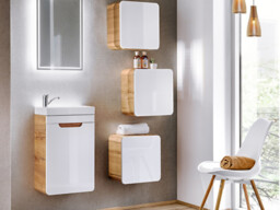 Bathroom Furniture Set Wall 400mm Vanity Cabinet Ceramic Sink Cloakroom Storage Unit White Gloss and Oak - Aruba - thumbnail 2