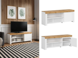 TV Unit White and Oak TV Cabinet with Storage 156cm Gloss Stand Bedroom Living Room 65 inch Bench - Holten