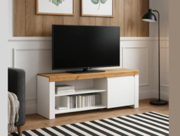 TV Unit White and Oak TV Cabinet with Storage 156cm Gloss Stand Bedroom Living Room 65 inch Bench - Holten - thumbnail 2