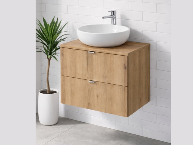 Narrow Bathroom Vanity Unit with Basin 600mm Countertop Wall Hung Slim Sink Cabinet with Drawers Oak - Nova - image 1