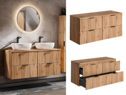 Double Vanity Bathroom Unit 1200mm Countertop Ribbed Textured Oak Effect Wall Floating Wall Mounted Cabinet - Adel - thumbnail 1