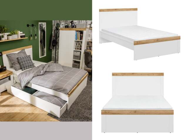 Small Double Bed Frame White Gloss and Oak High Headboard Scandi - Holten - image 1