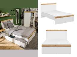 Small Double Bed Frame White Gloss and Oak High Headboard Scandi - Holten - thumbnail 1