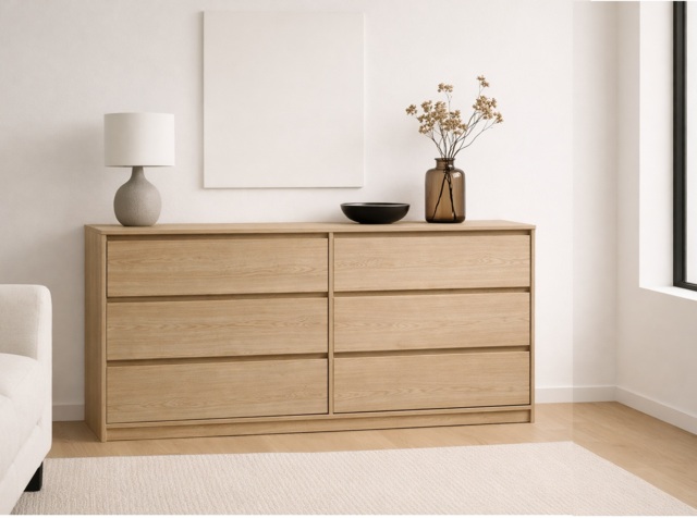 6 Drawer Chest of Drawers Wide Large Sideboard Cabinet Handleless Storage Unit Light Oak 181cm - Mana - image 1