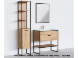 Industrial Bathroom Furniture Set Tall Unit 800mm Vanity Sink Cabinet Oak Finish Black Metal Frame - Brooklyn - thumbnail 3