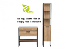 Industrial Bathroom Furniture Set Tall Unit 800mm Vanity Sink Cabinet Oak Finish Black Metal Frame - Brooklyn - thumbnail 4