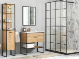 Industrial Bathroom Furniture Set Tall Unit 800mm Vanity Sink Cabinet Oak Finish Black Metal Frame - Brooklyn - thumbnail 2