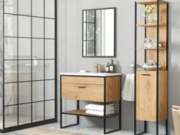 Industrial Bathroom Furniture Set Tall Unit 800mm Vanity Sink Cabinet Oak Finish Black Metal Frame - Brooklyn