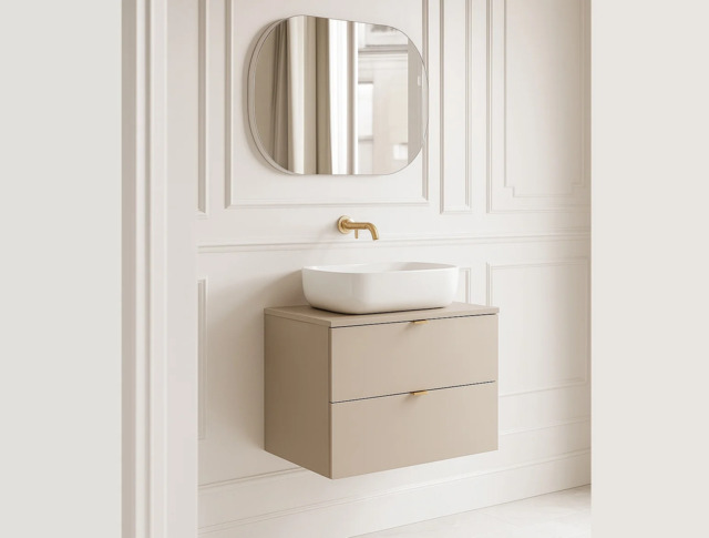 Bathroom Vanity Unit with Sink 600mm Countertop Floating Wall Cabinet Drawers Cashmere Beige Cream Front - Dalia - image 1
