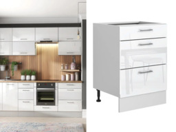 Kitchen Drawer Unit 600mm Cabinet Freestanding Base Storage Cupboard White High Gloss - Ella