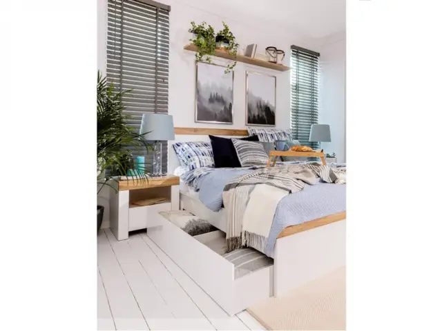 Euro King Size Bedframe Storage Drawers 160cm Solid Wood Slats White / Oak Effect Scandi Bedroom Furniture - Holten - image 1