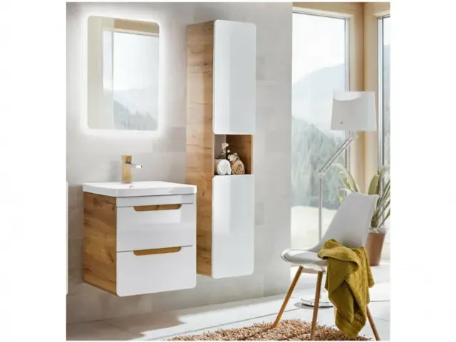 Bathroom Furniture Set Wall Hung Cabinets Vanity Sink Unit 400mm Drawer Tall Shelving Unit White Gloss Oak - Aruba - image 1