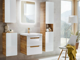 Bathroom Furniture Set Wall Hung Cabinets Vanity Sink Unit 400mm Drawer Tall Shelving Unit White Gloss Oak - Aruba - thumbnail 3
