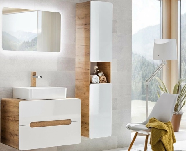 Bathroom Furniture Set Wall Mounted Cabinets 800mm Countertop Vanity with Sink Tall Unit White Gloss Oak - Aruba - image 1