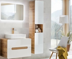 Bathroom Furniture Set Wall Mounted Cabinets 800mm Countertop Vanity with Sink Tall Unit White Gloss Oak - Aruba