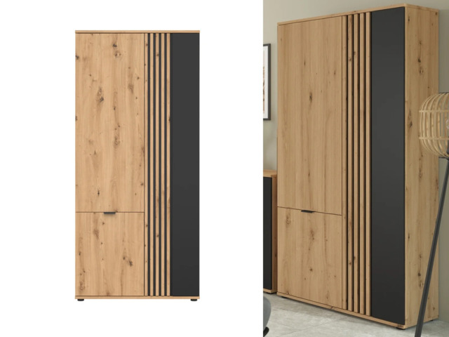 Triple Wardrobe Slim 3 Door Bedroom Hallway Hall Storage Shelf Unit Hanging Rail Black and Oak with Slats – Vabres - image 1