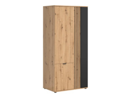 Triple Wardrobe Slim 3 Door Bedroom Hallway Hall Storage Shelf Unit Hanging Rail Black and Oak with Slats – Vabres - thumbnail 2