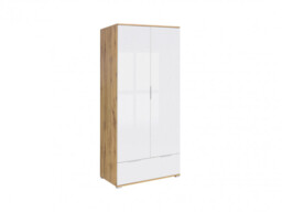 Modern Free Standing 2-Door Double White Gloss/Oak Wardrobe Drawer 90cm - Zele - thumbnail 1