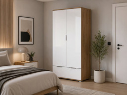 2 Door Wardrobe with Drawers Double Wardrobe White Gloss and Oak Effect 90cm - Zele