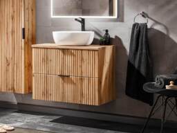 Bathroom Sink Cabinet Oak Effect Vanity Unit with Countertop Basin 600mm Fluted Wall Hung Floating Drawers - Adel