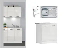 Kitchen Sink and Unit Under Sink Cabinet 800mm Stainless Steel Sink Complete Free Standing White Chalk Gloss - Junona