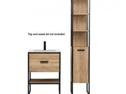 Bathroom Furniture Set with Tall Storage Unit 600mm Vanity Cabinet & Ceramic Sink Industrial Loft Oak/Black Metal - Brooklyn - thumbnail 3