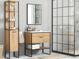 Bathroom Furniture Set with Tall Storage Unit 600mm Vanity Cabinet &amp Ceramic Sink Industrial Loft Oak/Black Metal - Brooklyn