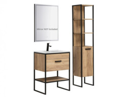 Bathroom Furniture Set with Tall Storage Unit 600mm Vanity Cabinet & Ceramic Sink Industrial Loft Oak/Black Metal - Brooklyn - thumbnail 2