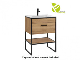 Bathroom Furniture Set with Tall Storage Unit 600mm Vanity Cabinet & Ceramic Sink Industrial Loft Oak/Black Metal - Brooklyn - thumbnail 4