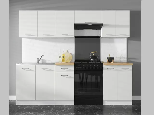 Kitchen Cabinets Set Modern Freestanding Cupboards 7 Units Chalk White Gloss 240cm Kitchenette - Junona - image 1
