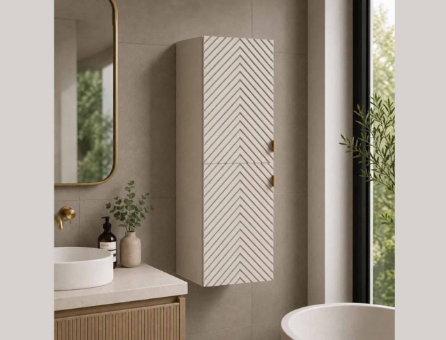 Bathroom Wall Cabinet Tall Slim Floating Storage Unit Ribbed Fluted Cashmere Beige Doors – Cara - image 1