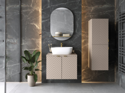 Bathroom Wall Cabinet Tall Slim Floating Storage Unit Ribbed Fluted Cashmere Beige Doors – Cara - thumbnail 2