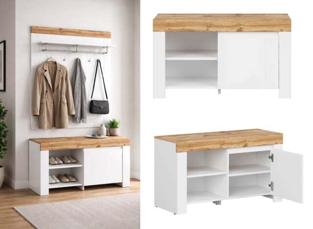 Shoe Cabinet Storage White Gloss Small Lowboard Hallway Unit Oak Effect Scandi - Holten - image 1