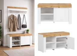 Shoe Cabinet Storage White Gloss Small Lowboard Hallway Unit Oak Effect Scandi - Holten - thumbnail 1